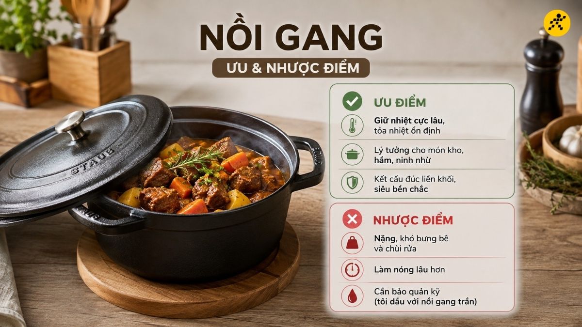 Nồi gang nổi bật với kết cấu đúc liền khối