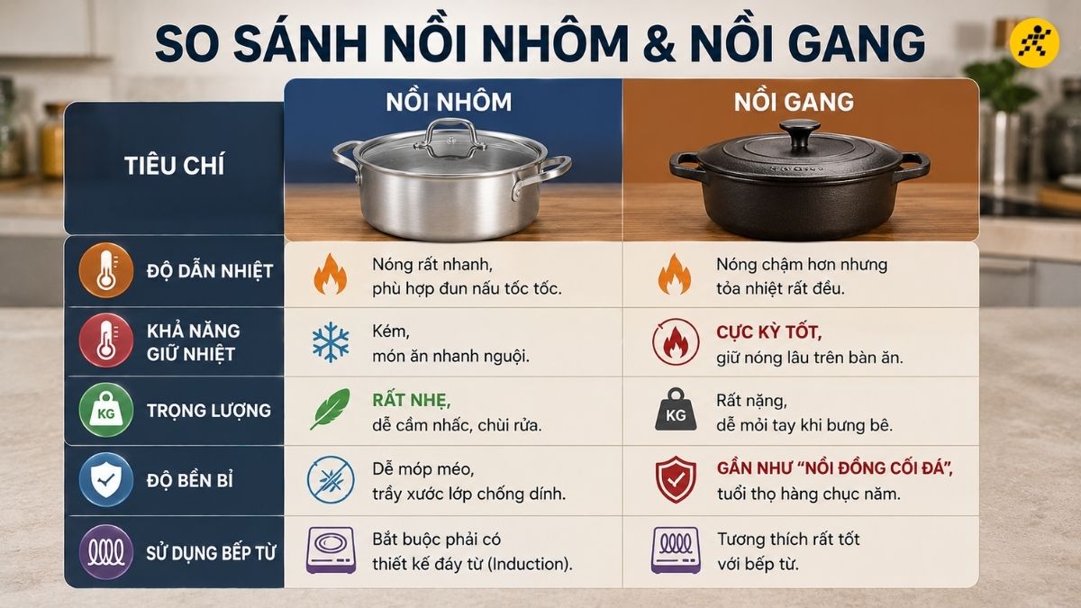 So sánh nồi nhôm và nồi gang