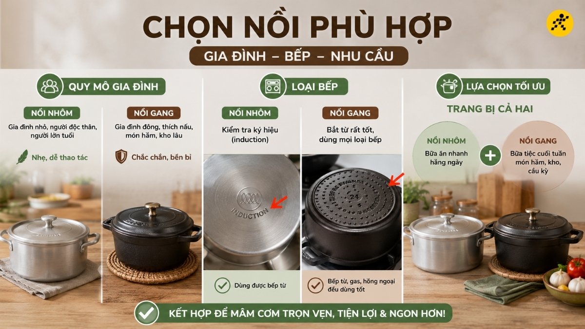 Chọn nồi theo quy mô gia đình và loại bếp