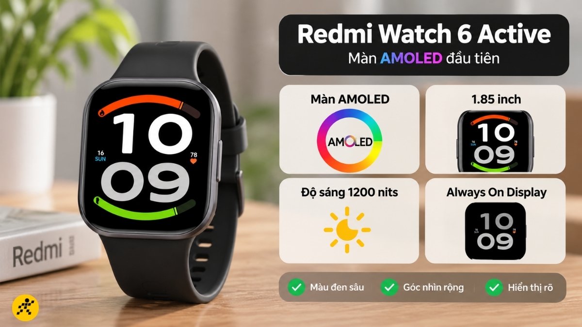 Màn hình AMOLED 1.85 inch sắc nét của Redmi Watch 6 Active Màn hình AMOLED 1.85 inch sắc nét của Redmi Watch 6 Active