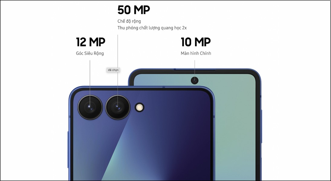 Z Flip7 và Z Flip6 đều sở hữu hệ thống camera kép gồm camera chính 50MP và camera góc siêu rộng 12MP, cùng camera selfie 10MP