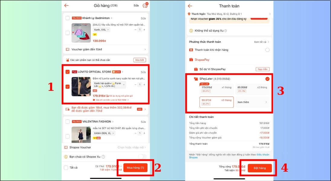 Chọn sản phẩm cần mua, sau đó bấm Thanh toán, chọn phương thức thanh toán là SPayLater kèm kỳ hạn phù hợp Chọn sản phẩm cần mua, sau đó bấm Thanh toán, chọn phương thức thanh toán là SPayLater kèm kỳ hạn phù hợp