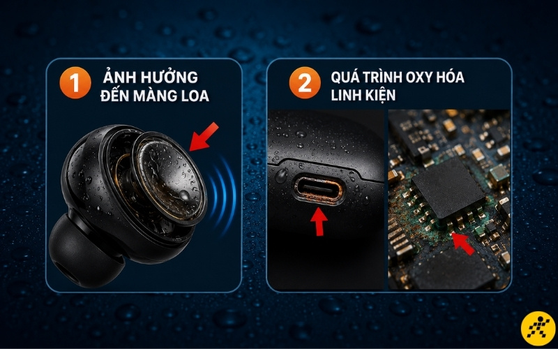 Cổng sạc tai nghe Bluetooth bị rỉ sét, oxy hóa do dính nước Cổng sạc tai nghe Bluetooth bị rỉ sét, oxy hóa do dính nước