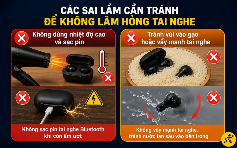 Tránh vùi vào gạo hoặc vẩy mạnh tai nghe Tránh vùi vào gạo hoặc vẩy mạnh tai nghe