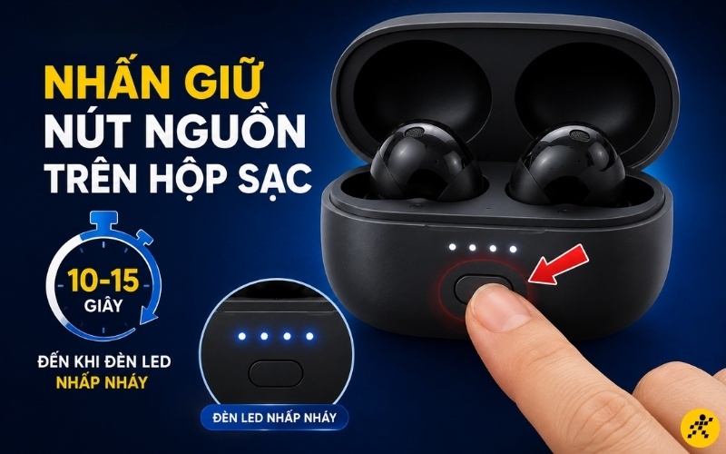 Nhấn n&uacute;t nguồn tr&ecirc;n hộp sạc để reset tai nghe