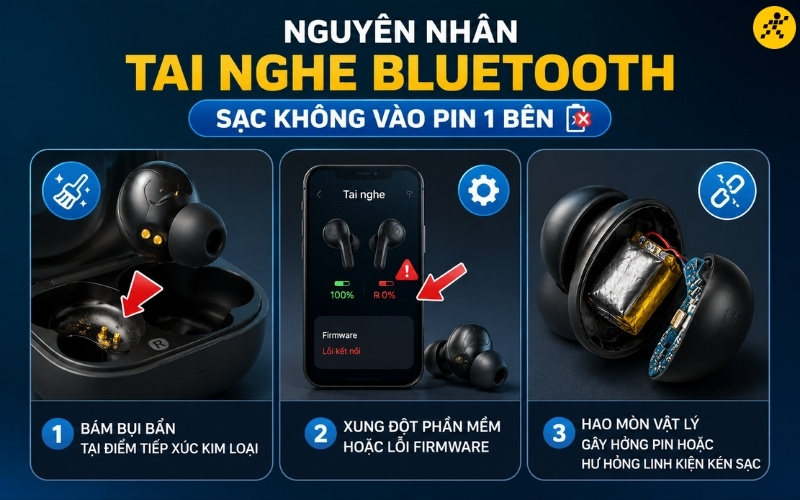 Nguyên nhân tai nghe Bluetooth sạc không vào pin 1 bên Nguyên nhân tai nghe Bluetooth sạc không vào pin 1 bên