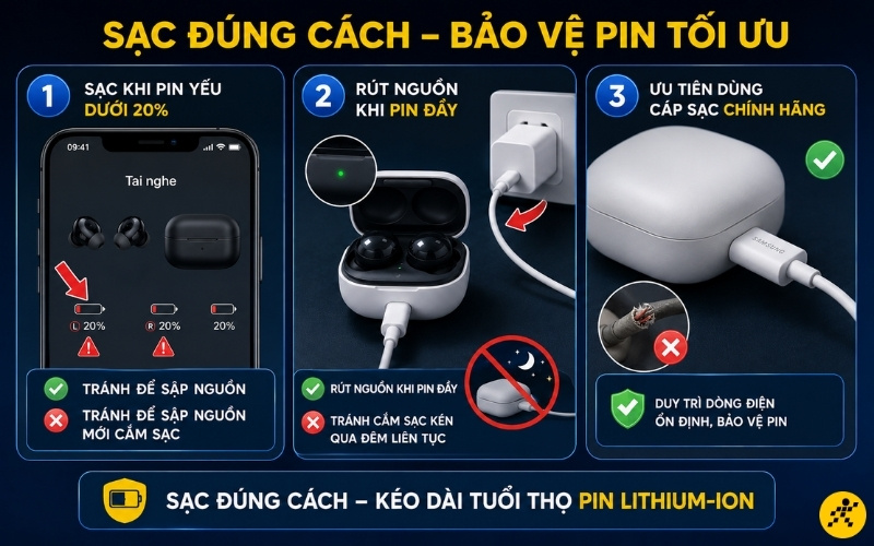 Nên sạc pin ngay khi tai nghe báo yếu dưới 20% Nên sạc pin ngay khi tai nghe báo yếu dưới 20%