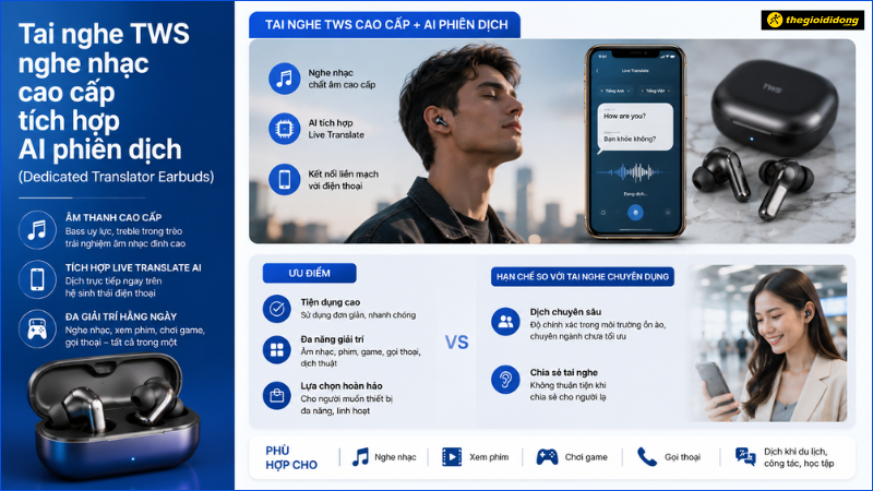 Tai nghe TWS nghe nhạc cao cấp tích hợp AI phiên dịch Tai nghe TWS nghe nhạc cao cấp tích hợp AI phiên dịch
