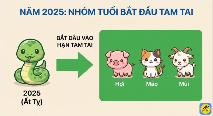 Năm 2025, nhóm tuổi bắt đầu bước vào hạn Tam tai chính là nhóm Hợi - Mão - Mùi