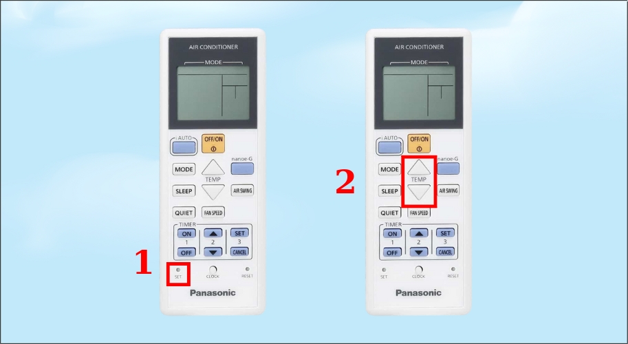 Bấm và giữ nút SET trên remote (khoảng 3 đến 5 giây), sau đó điều chỉnh bằng nút tăng giảm nhiệt độ