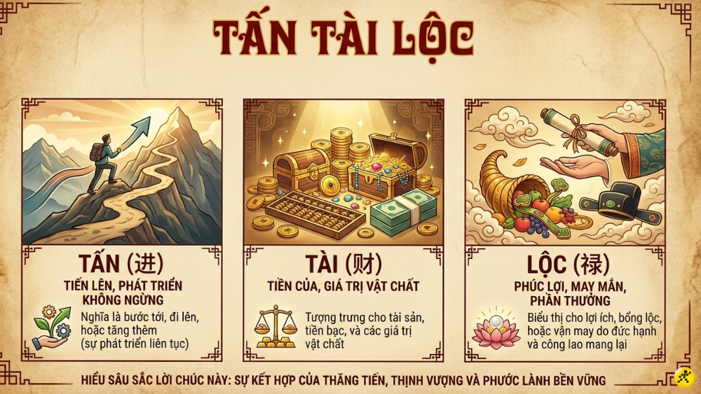 &Yacute; nghĩa từng chữ "Tấn t&agrave;i tấn lộc" theo chiết tự