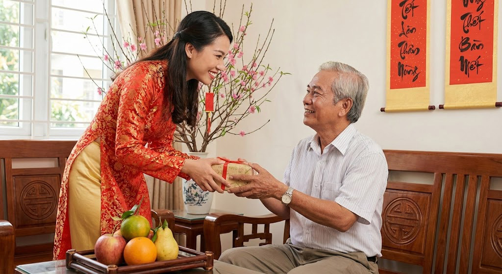 Khi biếu quà, hãy trao bằng hai tay, kèm lời chúc sức khỏe chân thành để thể hiện sự lễ phép, trân trọng