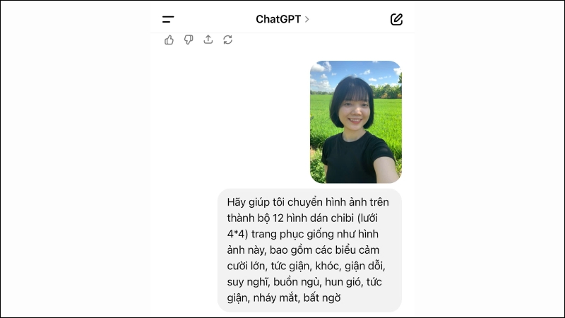 Chọn ảnh gốc v&agrave; nhập prompt m&ocirc; tả ảnh chibi cho ChatGPT