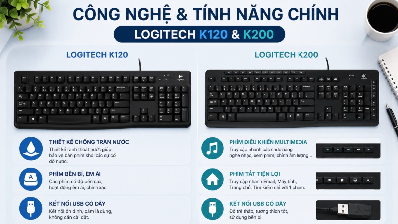 Công nghệ và tính năng chính của bàn phím Logitech K120 và K200 Công nghệ và tính năng chính của bàn phím Logitech K120 và K200