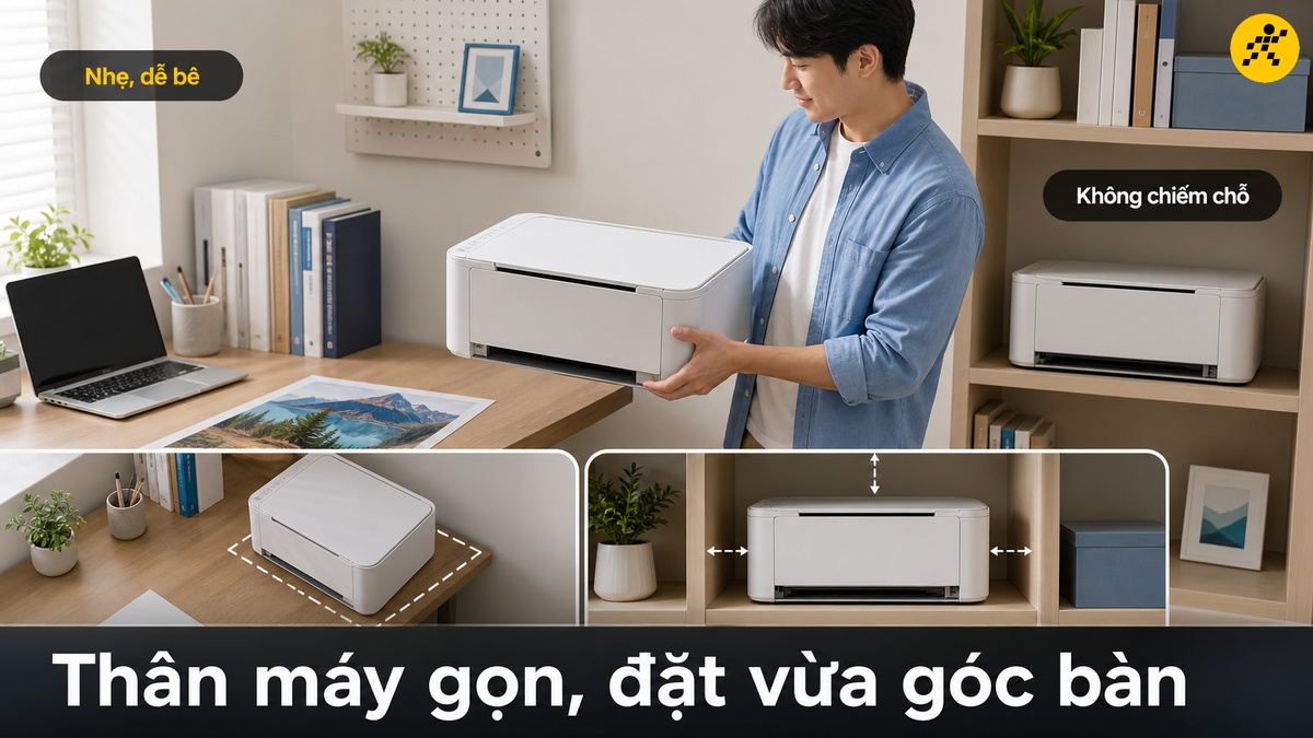 Thân máy gọn, đặt vừa góc bàn Máy in phun màu nhỏ gọn đặt vừa trên góc bàn làm việc