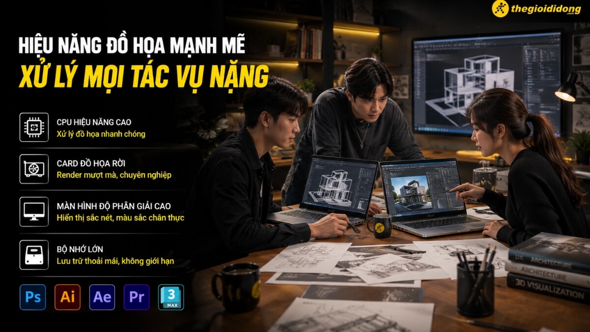 Hình ảnh ba kiến trúc sư trẻ đang làm việc tập trung trên laptop và màn hình lớn trong một không gian văn phòng hiện đại. Hai người đàn ông đang xem xét màn hình laptop hiển thị mô hình 3D của một ngôi nhà, trong khi người phụ nữ bên cạnh đang thao tác trên laptop với một bản render kiến trúc chi tiết. Màn hình lớn phía sau cũng hiển thị thiết kế kiến trúc. Phía bên trái ảnh là các tính năng nổi bật của máy tính như CPU hiệu năng cao, card đồ họa rời, màn hình độ phân giải cao, bộ nhớ lớn, cùng các biểu tượng phần mềm chuyên nghiệp như Photoshop, Illustrator, After Effects, Premiere Pro và 3ds Max. Bức ảnh nhấn mạnh khả năng xử lý đồ họa mạnh mẽ và chuyên nghiệp.
