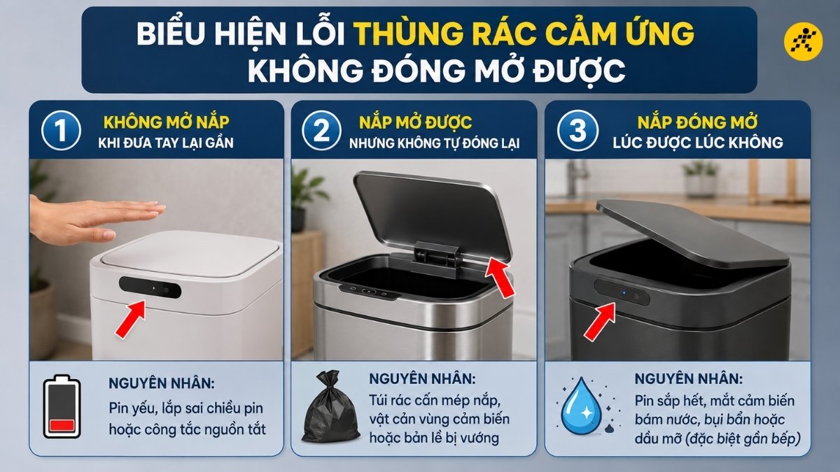 Biểu hiện lỗi thùng rác cảm ứng không đóng mở được Biểu hiện lỗi thùng rác cảm ứng không đóng mở được