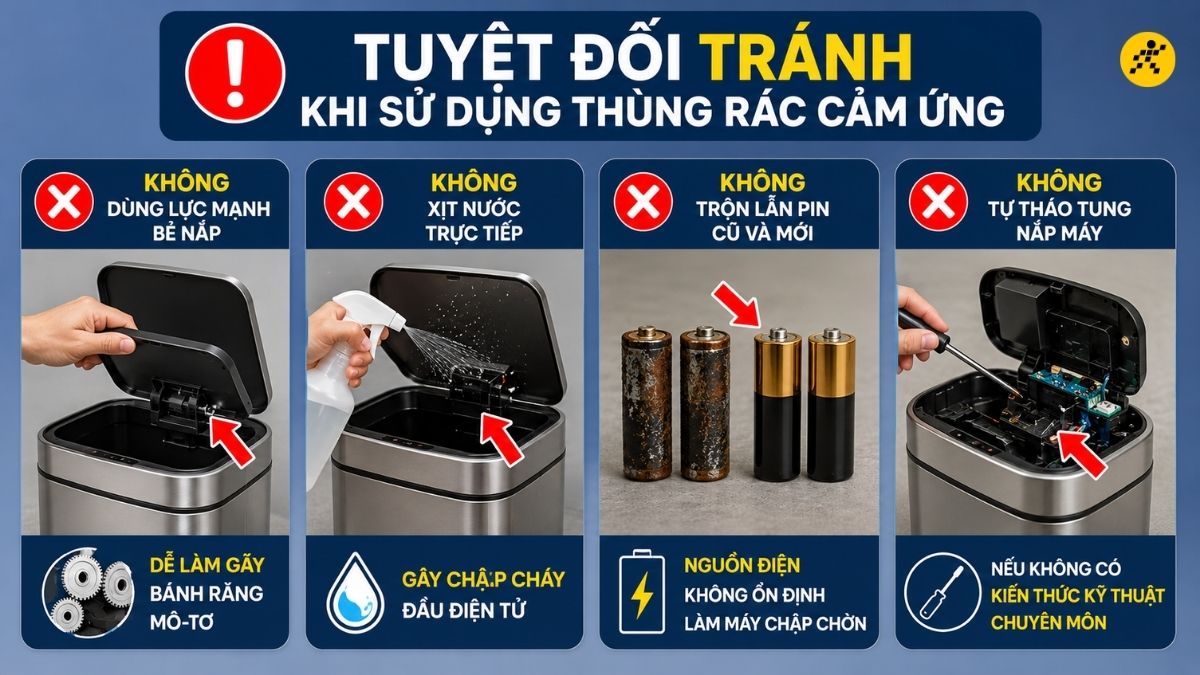 Những thao tác cần tránh để không làm hỏng nắp thùng rác cảm ứng Những thao tác cần tránh để không làm hỏng nắp thùng rác cảm ứng