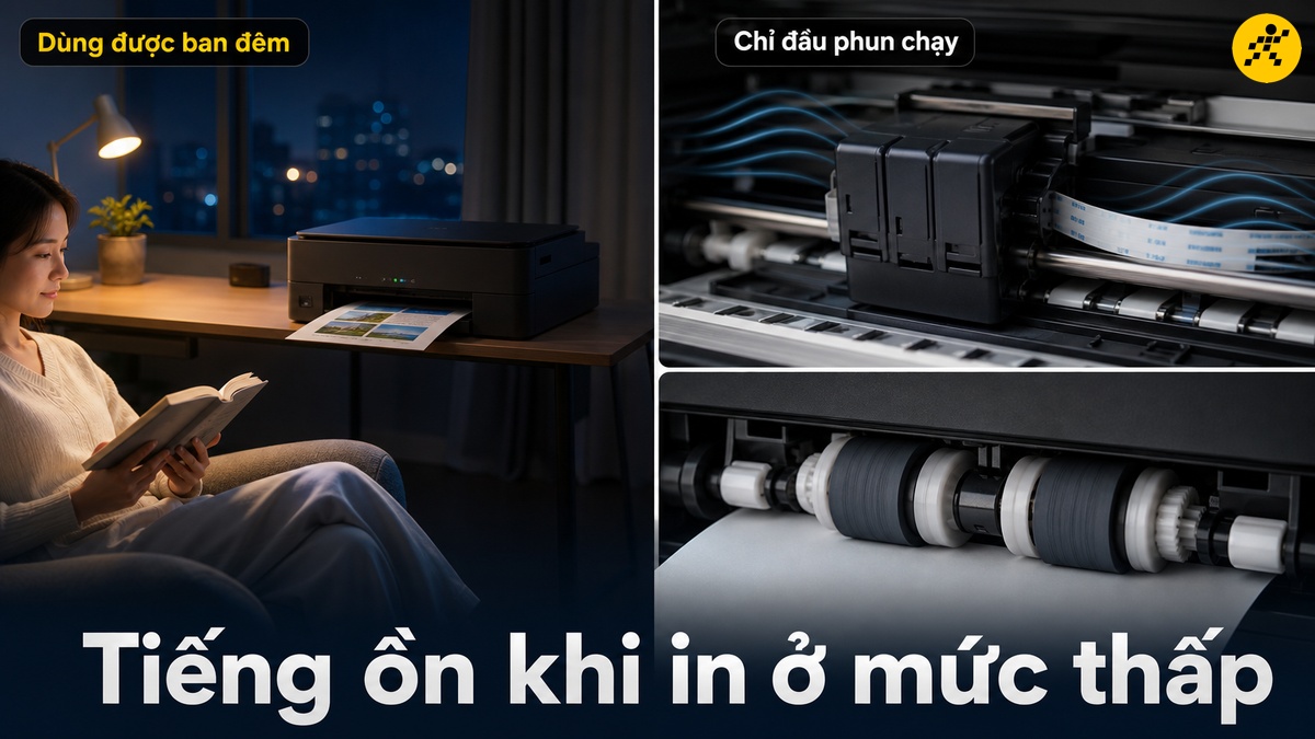 Tiếng ồn khi in ở mức thấp Máy in phun màu hoạt động êm trong phòng yên tĩnh vào ban đêm