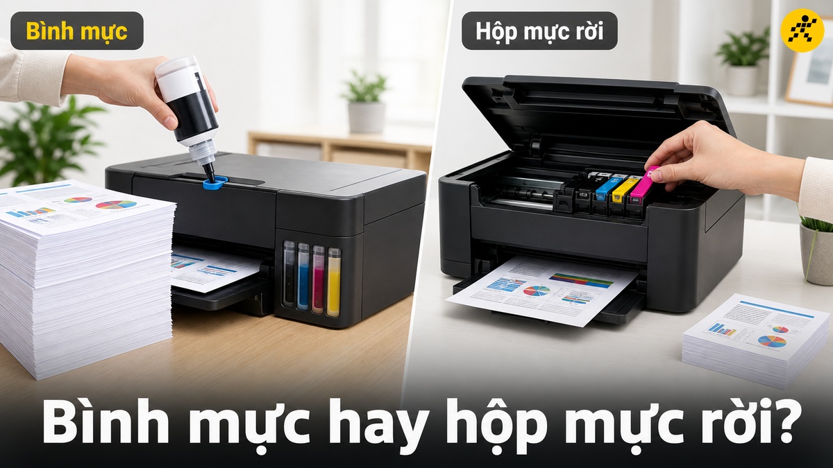 Bình mực hay hộp mực rời Đối chiếu máy in phun màu dùng bình mực và máy dùng hộp mực rời