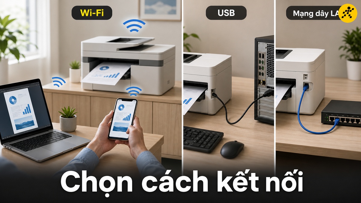 Chọn cách kết nối Ba cách kết nối máy in phun màu: Wi-Fi, cổng USB và mạng dây LAN