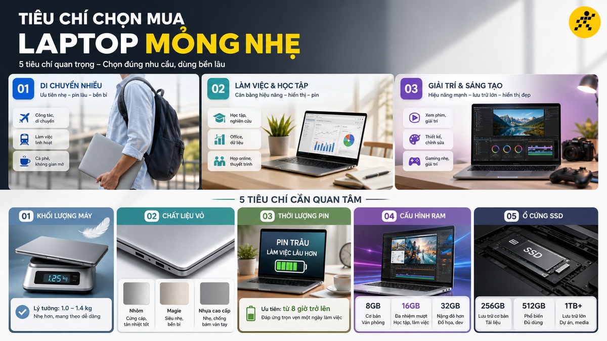 Tiêu chí chọn mua laptop mỏng nhẹ Năm tiêu chí chọn mua laptop mỏng nhẹ theo nhu cầu sử dụng