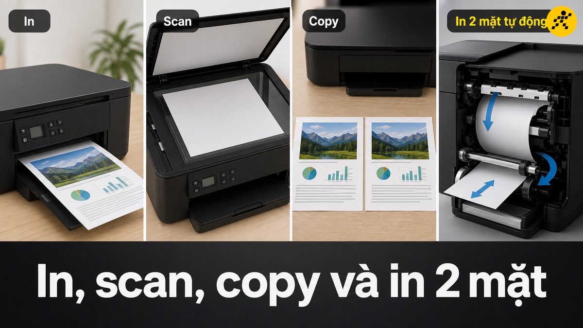 In, scan, copy và in 2 mặt Bốn chức năng của máy in phun màu đa năng: in, scan, copy và in hai mặt tự động