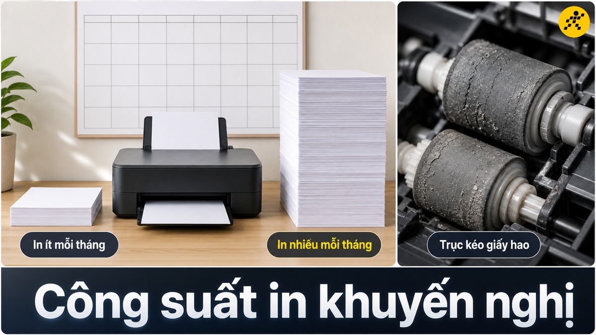 Công suất in khuyến nghị Công suất in khuyến nghị mỗi tháng và mức hao trục kéo giấy khi in vượt ngưỡng