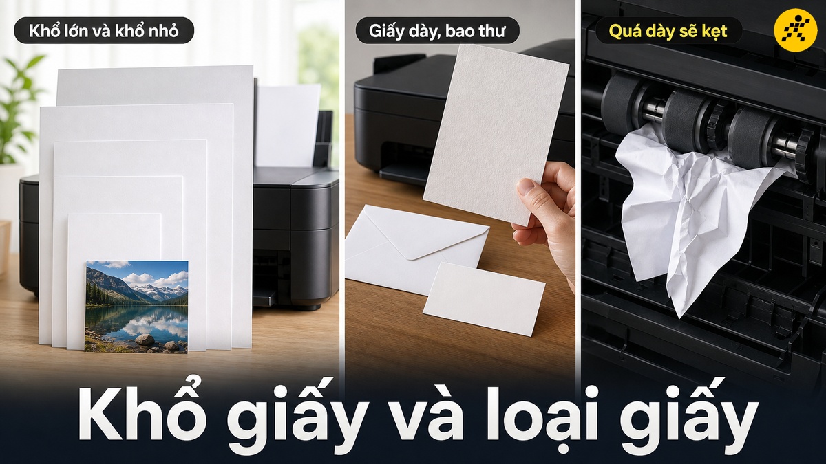 Khổ giấy và loại giấy Các khổ giấy và loại giấy máy in phun màu hỗ trợ, giấy quá dày sẽ gây kẹt