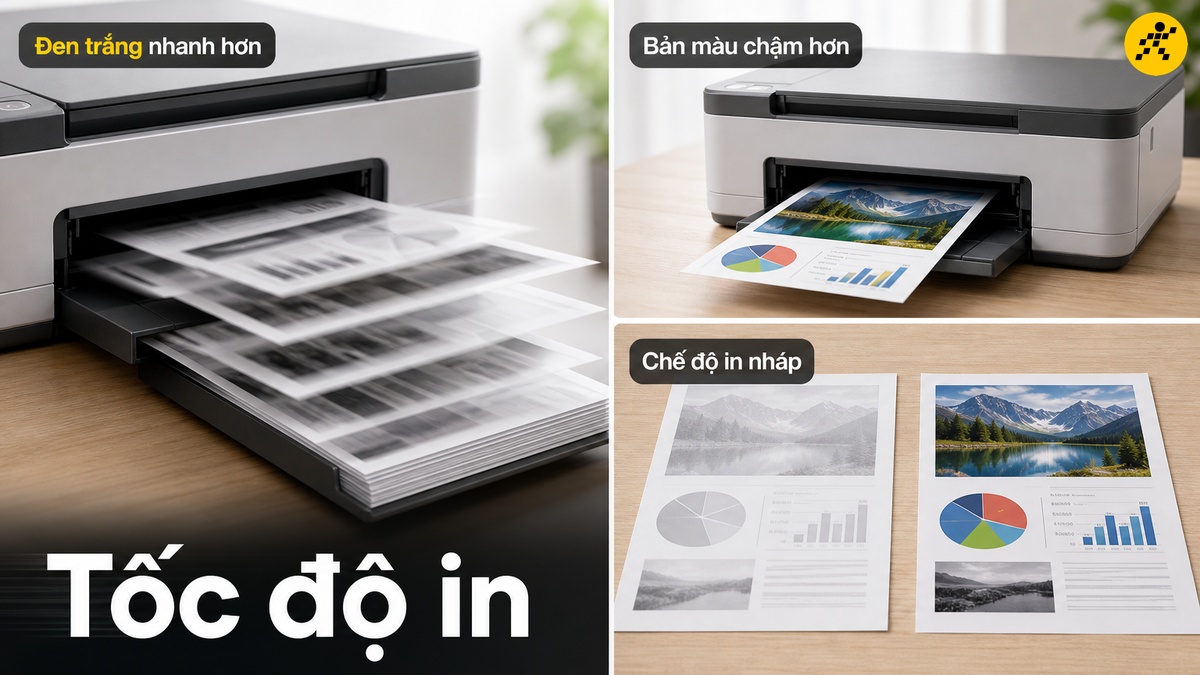 Tốc độ in Tốc độ in trang đen trắng nhanh hơn trang màu, kèm chế độ in nháp