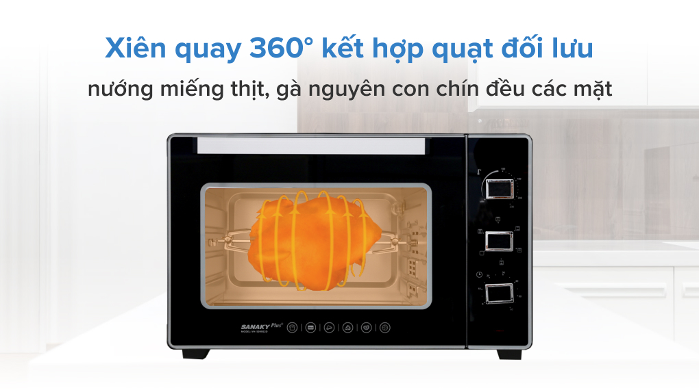 Lò nướng Sanaky với quạt đối lưu giúp nhiệt tỏa đều và xiên quay nướng gà vịt chín đều, da giòn