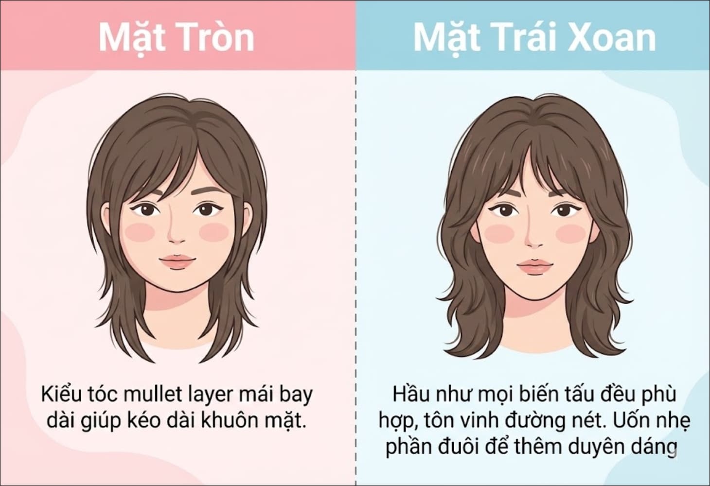 Cách chọn tóc mullet layer nữ mặt tròn và mặt trái xoan