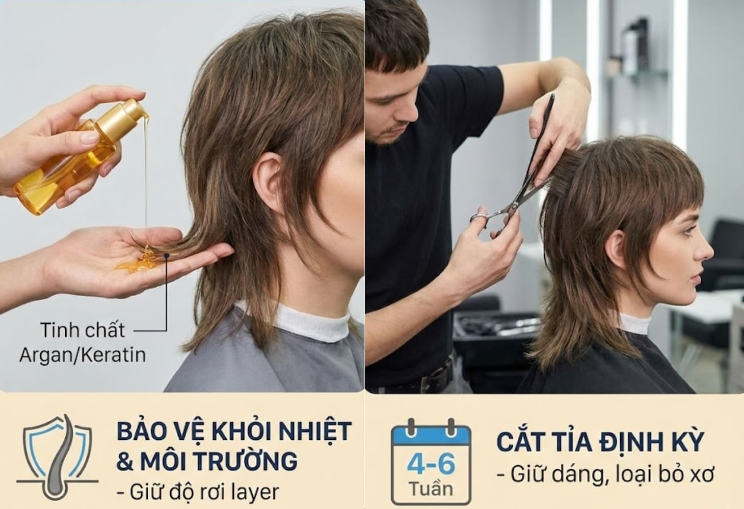 Sử dụng dầu dưỡng và thường xuyên cắt tỉa để giữ form tóc mullet chuẩn đẹp