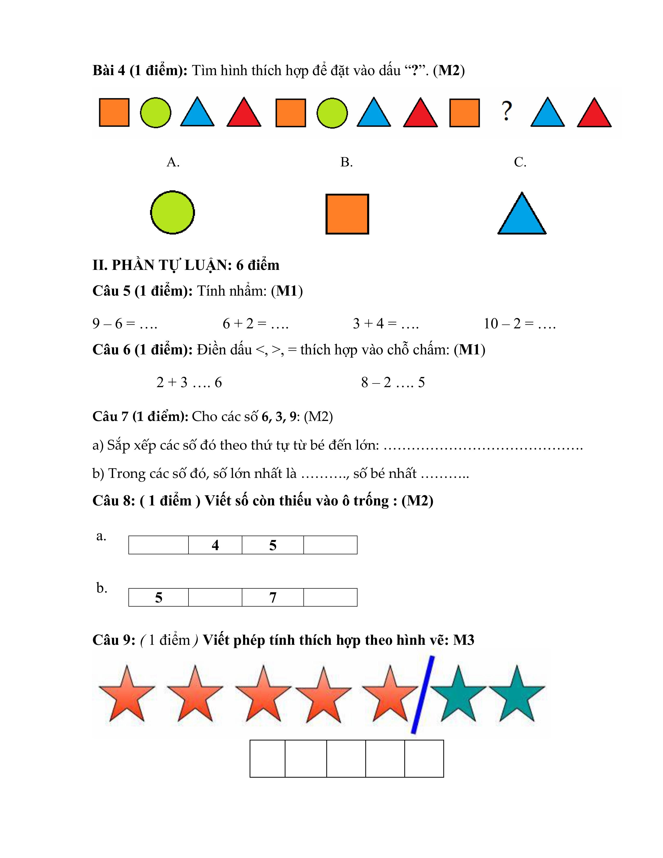 Đề ôn toán lớp 1 học kì 1 (đề số 1)