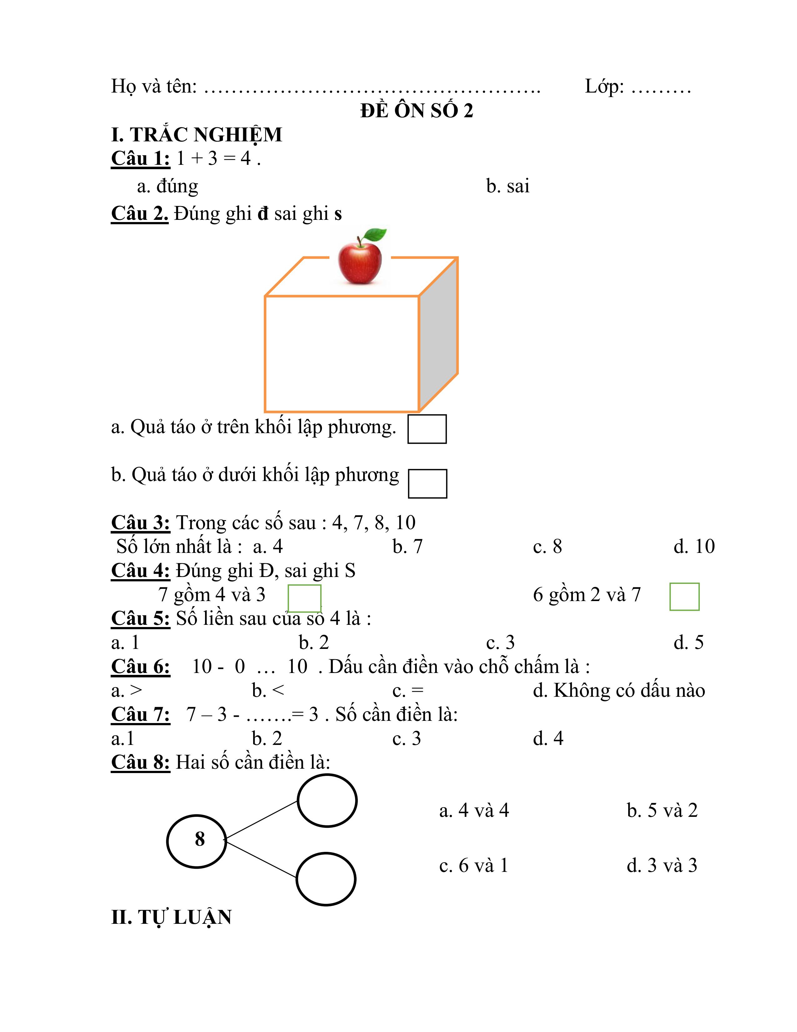 Đề ôn toán lớp 1 học kì 1 (đề số 2)