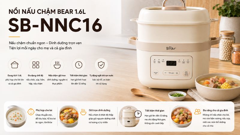 Nồi nấu chậm Bear 1.6L SB-NNC16 giúp mẹ tiết kiệm thời gian đứng bếp Nồi nấu chậm Bear 1.6L SB-NNC16 giúp mẹ tiết kiệm thời gian đứng bếp