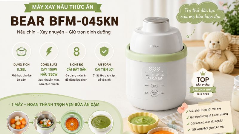 Máy Xay Nấu Thức Ăn Bear 0.35L BFM-045KN phù hợp với hầu hết nhu cầu của mẹ bỉm Máy Xay Nấu Thức Ăn Bear 0.35L BFM-045KN phù hợp với hầu hết nhu cầu của mẹ bỉm