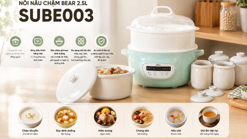 Nồi nấu chậm Bear 2.5L SUBE003 thiết kế hiện đại, nhiều tiện tích Nồi nấu chậm Bear 2.5L SUBE003 thiết kế hiện đại, nhiều tiện tích