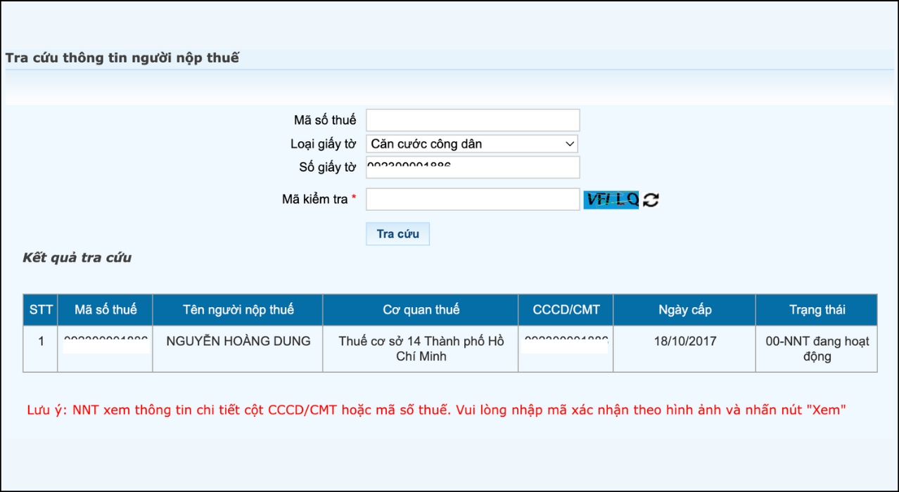 Kết quả tra cứu mã số thuế cá nhân bằng CCCD trên website Thuế điện tử