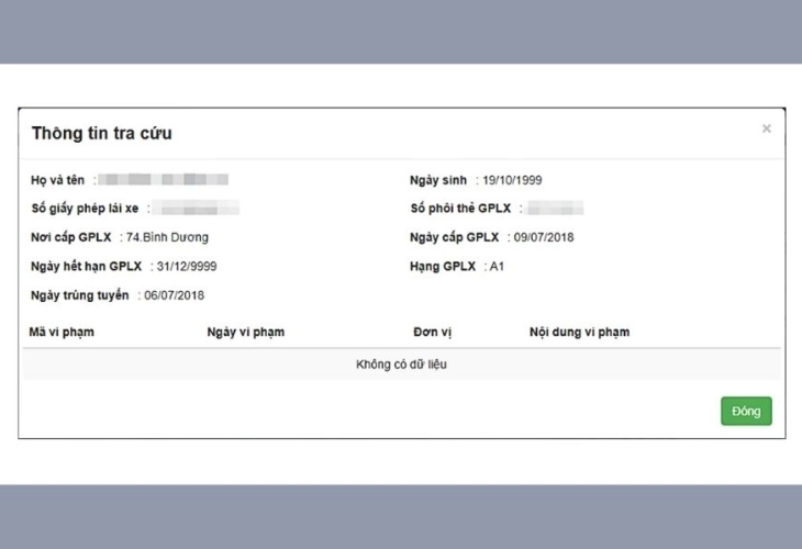 Kết quả tra cứu giấy phép lái xe trên website Cục Cảnh sát Giao thông