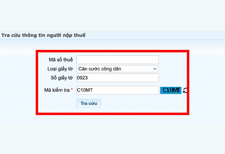 Nhập thông tin tra cứu mã số thuế cá nhân trên website Thuế điện tử