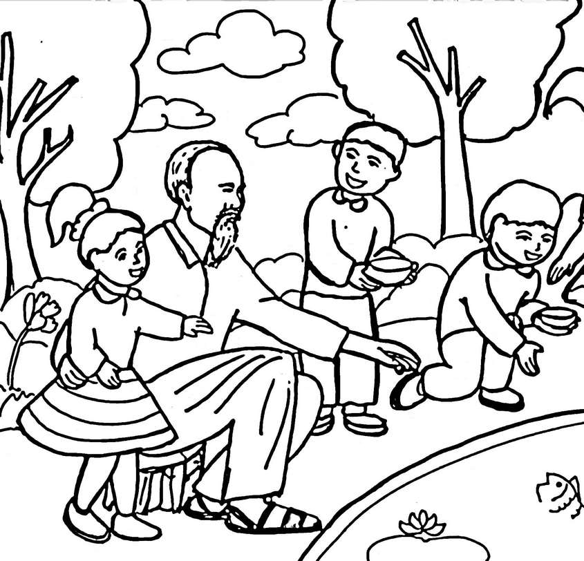 Tranh tô màu Bác Hồ và thiếu nhi cùng xem cá Tranh tô màu Bác Hồ và thiếu nhi cùng xem cá