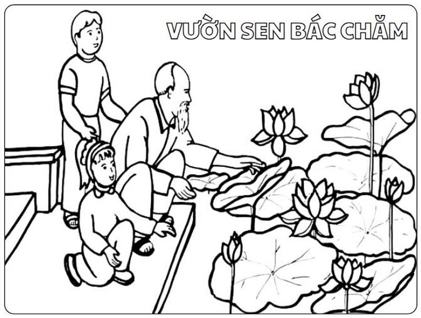 Tranh tô màu Bác Hồ và thiếu nhi trong vườn sen Tranh tô màu Bác Hồ và thiếu nhi trong vườn sen