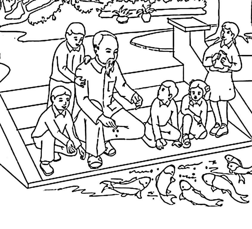 Tranh tô màu Bác Hồ và thiếu nhi cho cá ăn Tranh tô màu Bác Hồ và thiếu nhi cho cá ăn