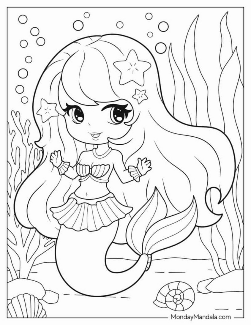 Tranh tô màu nàng tiên cá chibi - 8