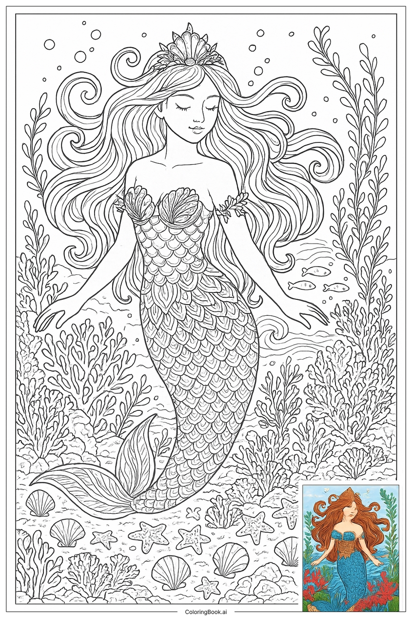 Tranh tô màu nàng tiên cá đẹp, dễ thương - 7