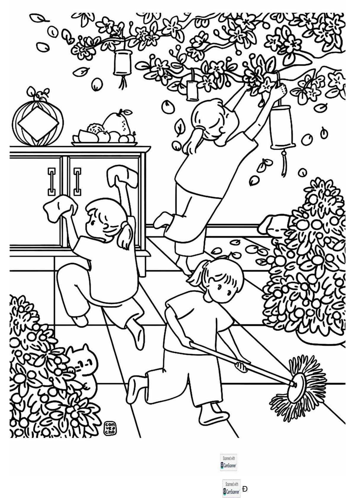 Tranh tô màu Tết sum vầy số 8 Tranh tô màu Tết sum vầy số 8