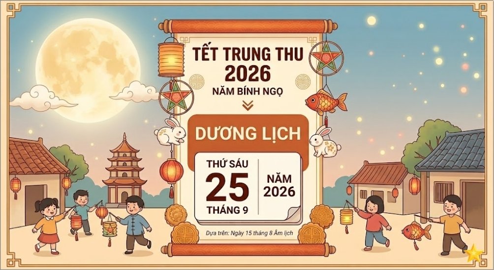 Tết Trung thu 2026 là thứ Sáu, ngày 25 tháng 9 năm 2026