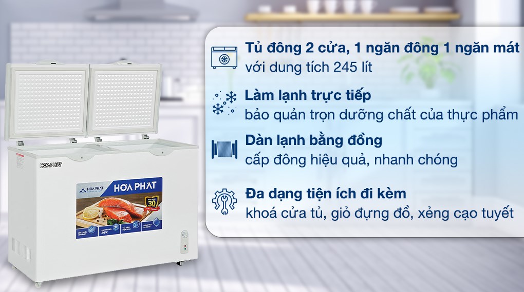 Tủ đông nằm ngang Hòa Phát HPF BD6245 thiết kế 2 cửa mở linh hoạt với lòng nhôm sơn tĩnh điện