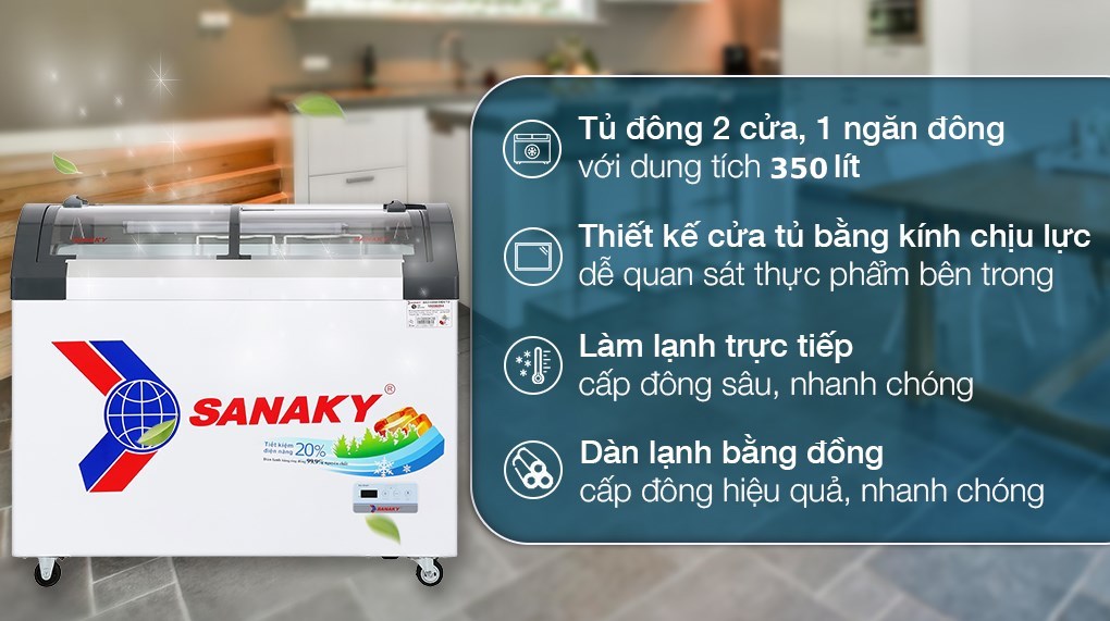 Tủ đông kính cong Sanaky 350 lít VH-4899KB phù hợp trưng bày thực phẩm kinh doanh
